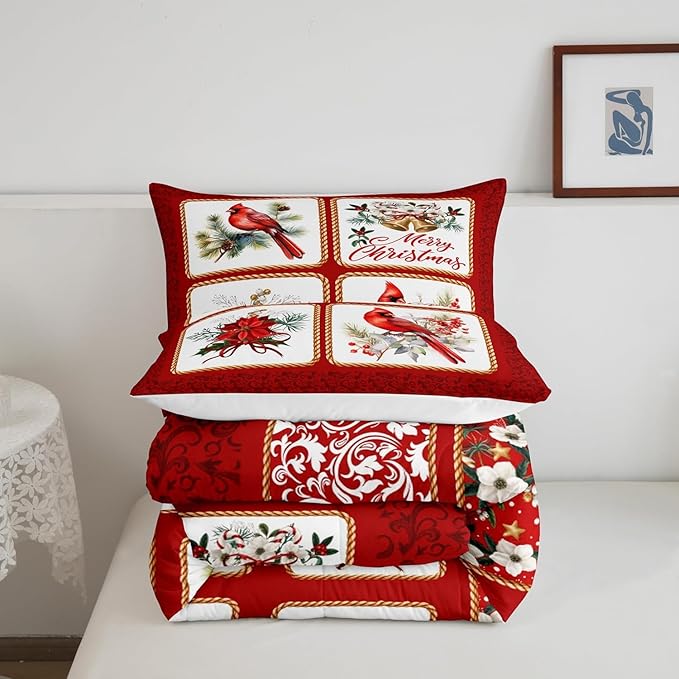 Merry Christmas Comforter Set Toddler Size,Red Patchwork Xmas Themed Plaid Bedding Set for Kids Boys Girls Adult,Cardinals Berries Bells Floral Pine Print Quilted Duvet Set with 1 Pillowcase
