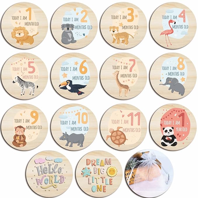 Baby Monthly Milestone Cards for Newborn Girl or Boy,Safari Monthly Baby Milestone Cards Baby Anniversary Signs,Baby Shower Cards Come with Organza Gift Bag (Milestone Wooden Circles)