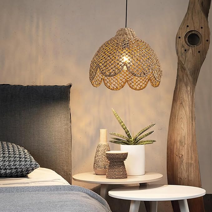 13.8inch Rattan Light, Rustic Hand Woven Wicker Pendant Light Brown Rattan Ceiling Lighting Fixtures for Living Room Dining Room Bedroom Kitchen Island Hallway,1-Light