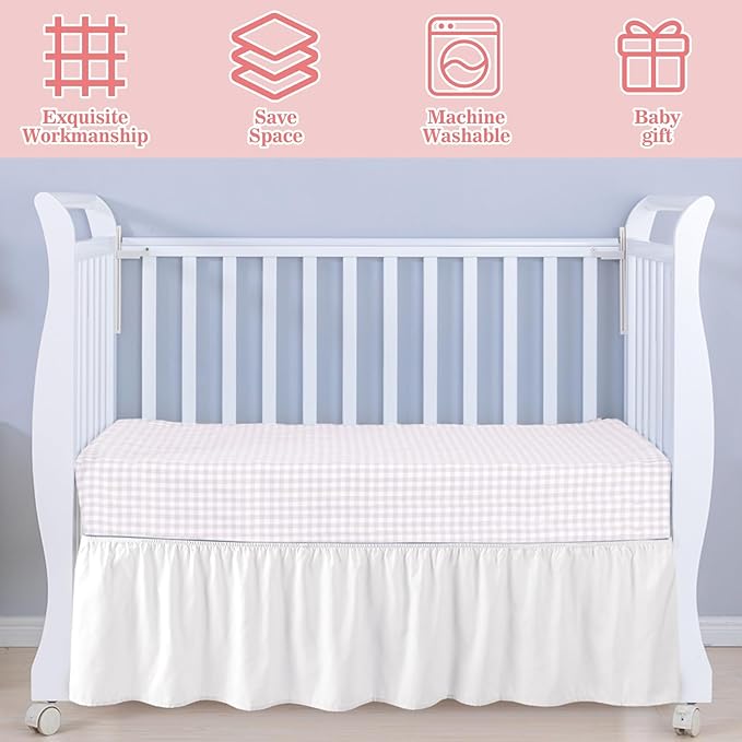 White Crib Bed Skirts with 4 Large Cot Bow 28" x 52" Baby Crib Skirt for Boys Girls Nursery Toddler Bedskirt Dust Ruffle 14" Drop(Ruffle)