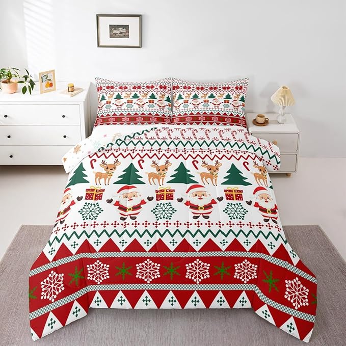 Feelyou Merry Christmas Comforter Set Queen Size Santa Claus Bedding Set for Kids Boys Girls Cute Deer Duvet Quilt Snowflake Bedroom Decor Microfiber 3 Pcs with 2 Pillow Cases
