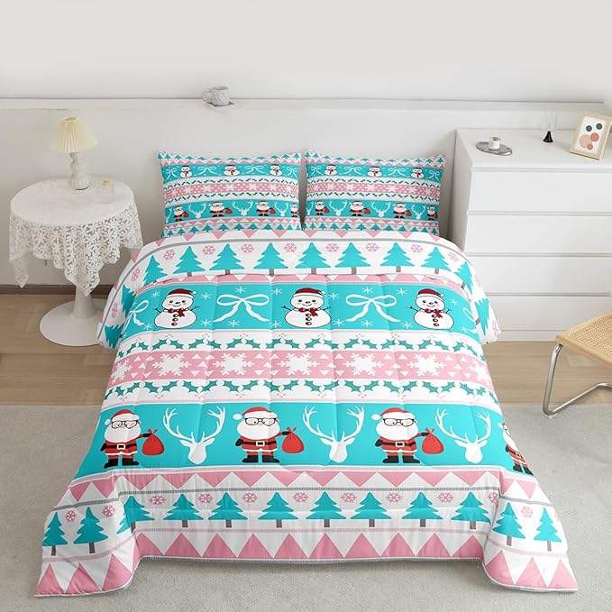 Feelyou Merry Christmas Tree Bedding Set Soft for Boys Girls, Cute Snowman Comforter Set Twin Size Santa Claus Duvet Quilt Microfiber Cartoon Bowknot Bedroom Decor 2 Pcs with 1 Pillow Cases
