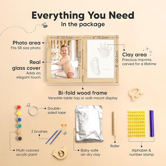 KeaBabies Personalized Baby Hand and Footprint Kit, Quick Dry Clay - Newborn Keepsake Feet and Handprint Kit, Nursery Picture Frame, New Mom Gifts for Baby Showers & Registry (Ash Wood)