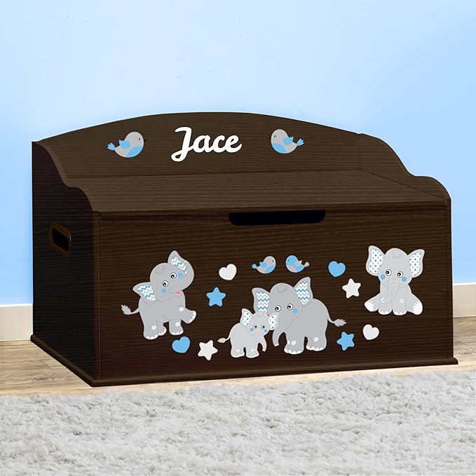 DIBSIES Personalized Creative Wonders Toy Box, Blue Elephants, 30 x 19.25 x 18 inches, Soft-Close Lid (Espresso)
