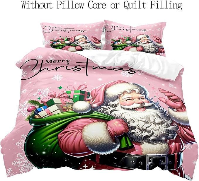 LUVIVIHOME 3PCS Pink Santa Claus Duvet Cover King, Christmas Bedding Sets, Pink Duvet Cover, Kids Girls Bedding, Snowflake Holiday Xmas Gifts Christmas Comforter Bedspread Quilt Cover, 2 Pillow Shams
