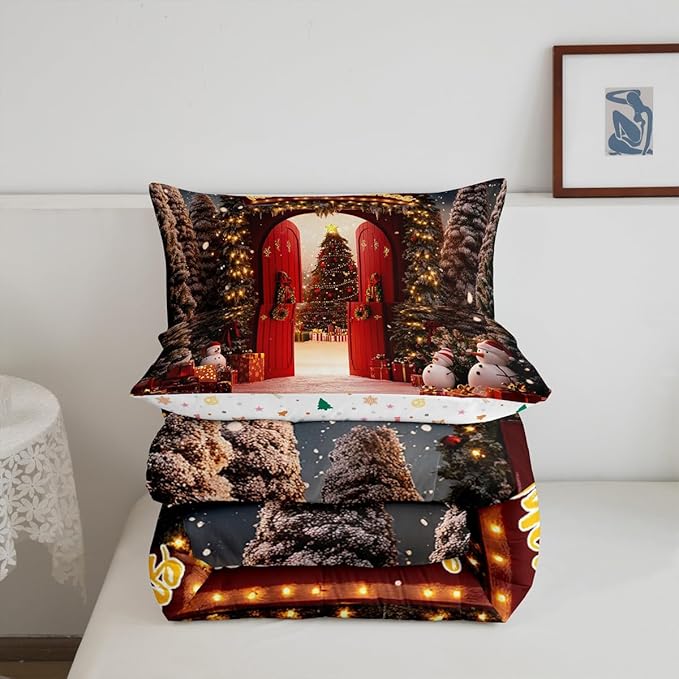 Feelyou Merry Christmas Bedding Set for Kids Boys Girls King Size Christmas Tree and Snowman Comforter Set Ultra Soft Comforter Snowflake Duvet Quilt Bedroom Decor Decorations Quilt