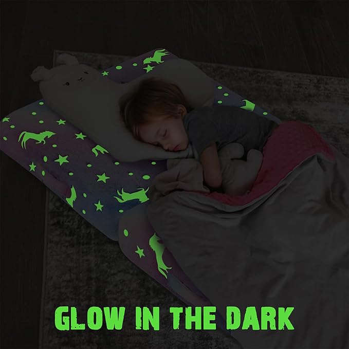 MeMoreCool Glow Rainbow Unicorn Foldable Floor Mattress for Kids, Trifold Nap Mat for Toddlers, Portable Daycare Sleeping Futon or Floor Bed, 75x25 Inch