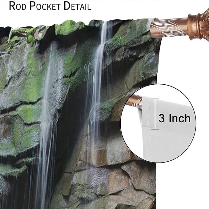 Forest Waterfall Blackout Windows Curtains, Rocky Waterfall to Pond Running Off Scenic Nature Themed Picture Print Curtains, for Living Room Bedroom 42x54in 2 Panels