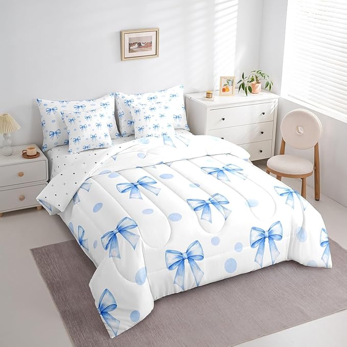 7 Pieces Blue Bowknot Kids Comforter King Size,Geometric Dots Bow Tie Patchwork Romantic Bedding Set,Bow Knot Princess Cute White Chic（Comforter+Fitted+Flat+2 Pillowcases+2 Throw Pillow Covers）