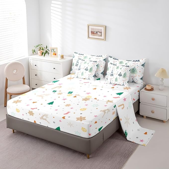 Christmas Bed Set Xmas Tree Comforter Set with Sheets Snowflake Watercolor Blue Bed in a Bag for Kids Boys Girls Room Decor New Year Theme Bedding Set Bedroom Collection Full Size