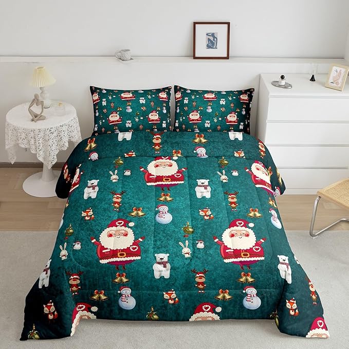 Christmas Comforter Set Cute Snowman Santa Claus Kids Decorations Bedding Set Boys Girls Bear Rabbit Comforter Christmas Bells Design Teal Blue Quilt with 2 Pillowcases 3Pcs Bedding Full