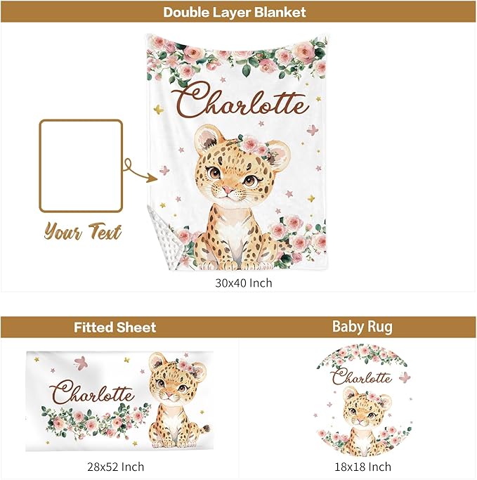 Custom Baby Crib Bedding Set, 3 Pcs Personalized Nursery Bedding Set with Name, Soft Baby Bedding Crib Sets with Blanket - Toddler Crib Sets for Girls Boys, Infant Newborn Gifts, Pink Leopard