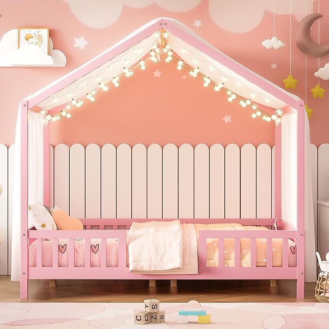 Montessori Floor Bed with Canopy, High Railings and Roof, Full Size Wood House Bed Frame for Kids Bedroom (Pink/C)