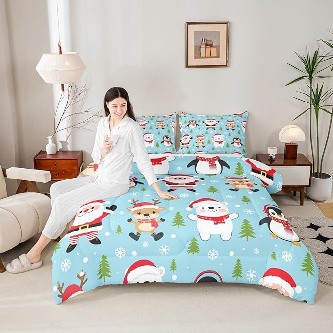 Feelyou Christmas Comforter Set Full Size Santa Claus Bedding Set for Kids Boys Girls Penguin Deer Duvet Quilt Xmas Snowflake Tree Bedroom Decor Microfiber 3 Pcs with 2 Pillow Cases