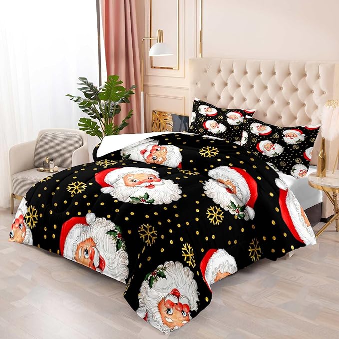 LUVIVIHOME 3PCS Merry Christmas Comforter Set Full Size, Gold Snowflake Funny Cute Santa Claus Bedding, Christmas Bedroom Decor, Soft Breathable Microfiber Black Quilt, Xmas Gifts, 2 Pillow Shams