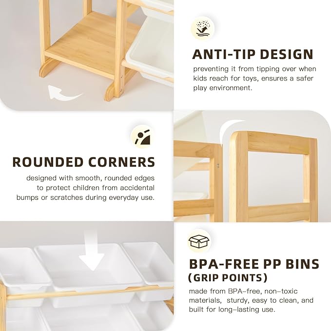 Wooden Toy Storage Organizer with 6 Shelves and 12 Bins, Toy Organizer Storage Kids Bookshelf, Toy Shelf for Playroom, Nursery, and Bedroom