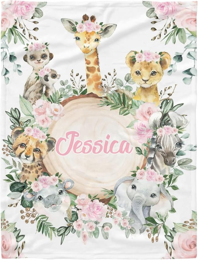 Personalized Cute Jungle Safari Animals Pink Floral Baby Blanket with Name for Girls Boys Custom Nursery Kids Blankets for Baby Shower Birthday Gifts Customized Baby Throw Soft Fleece 30 x 40 inch