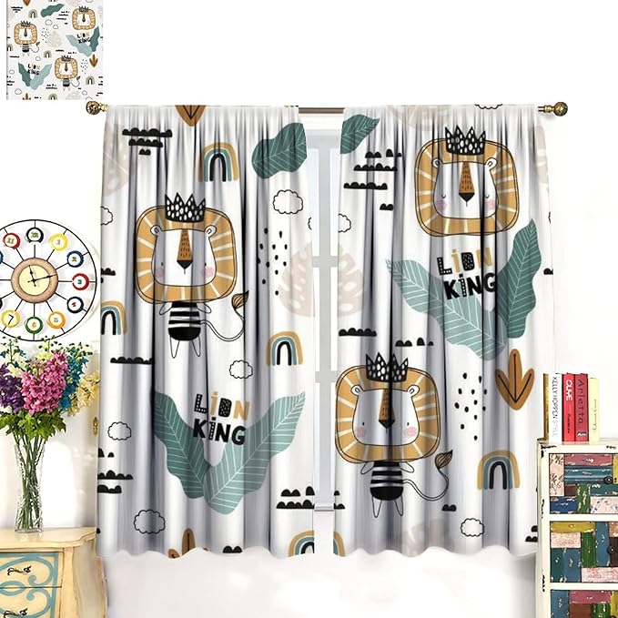 Cartoon Little Lion King Window Curtains for Baby Child,Cute Funny Forest Animals,Tropical Jungle Leaves Wildlife Boho Rainbow Print Blackout Drapes for Nursery Boys Girls Kids Bedroom 84x84in