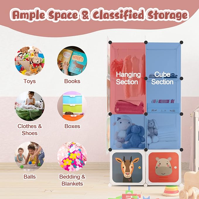 Costzon Kids Closet, Cartoon DIY Modular Dresser Storage Organizer with 8 Cubes & Clothes Hanging Rack, Portable Armoire for Baby Toddlers, Kids Wardrobe for Bedroom Nursery, White