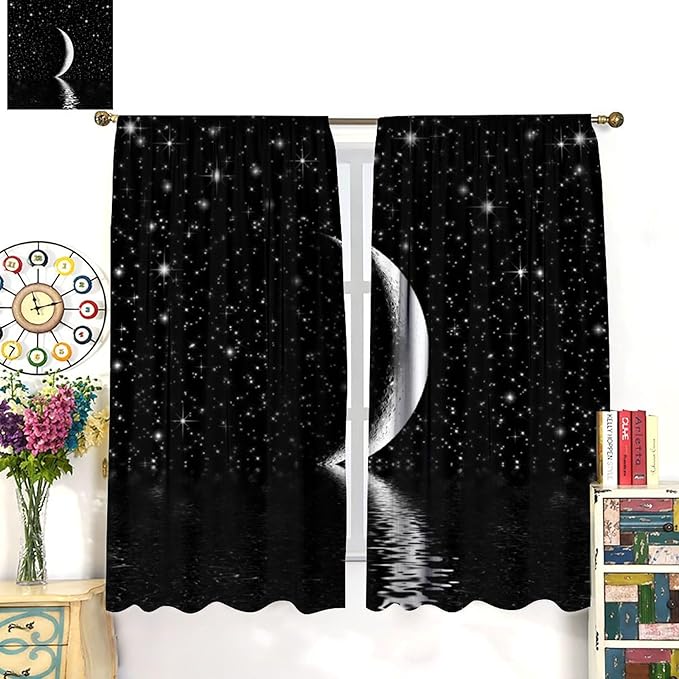 Night Starry Sky Curtain, Black Moon Phase Cloud Stars White New Moon Sparkly Shiny Galaxy Space Lake Fantasy Window Curtains for Kids Boys Girls Room Bedroom Living Room 42" W X 54" L