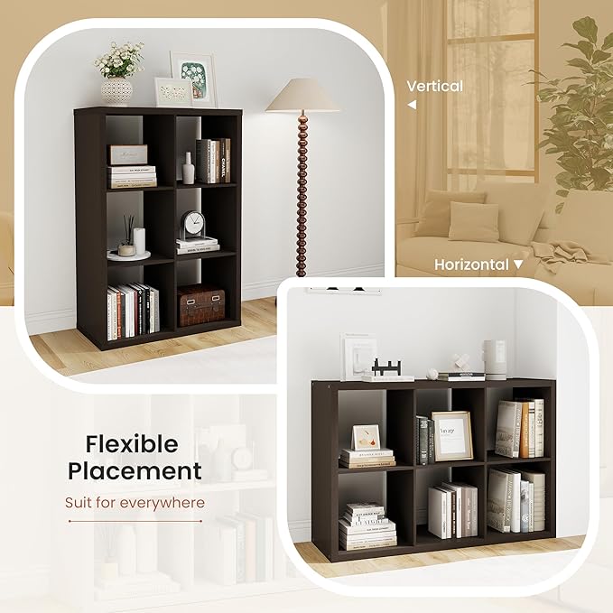 14.6 * 43.8 * 30.7 inches Engineered Wood 6 Cube Organizer, Black Cube Shelf with 6 Cube Storage, Cube Closet Organizer for Bedroom, Bathroom, Office, Dark Brown