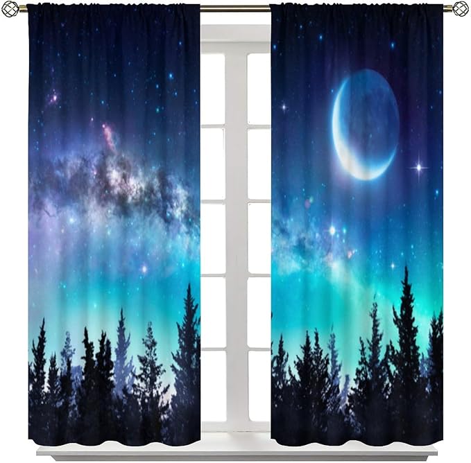 Galaxy Forest Blackout Curtains, Night Starry Sky Stars Moon Aurora Borealis Window Drapes for Bedroom Living Room Home 55" W X 63" L