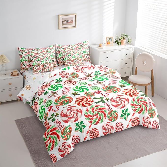 Christmas Candy Comforter Set With Sheets 7 Piece King Size Cute Bow Bed in a Bag Kids Boys Girls Red and Green Sweet Bedding Set Reversible Xmas Decor Bedroom Decor Breathable Soft Lightweight