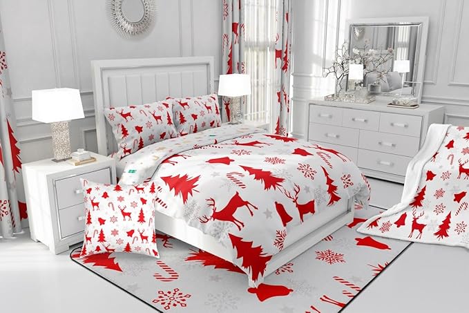 Feelyou Merry Christmas Bedding Set Soft for Boys Girls, Xmas Tree Reindeer Comforter Set Twin Size Candy Cane Bell Duvet Quilt Microfiber Snowflake Bedroom Decor 2 Pcs with 1 Pillow Cases