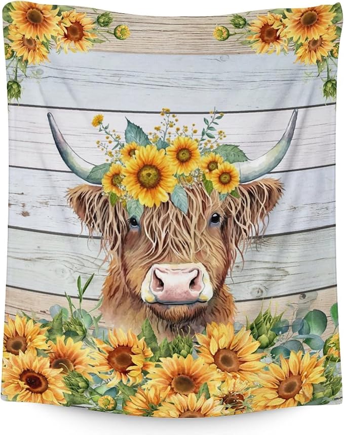 Highland Cow Blanket for Adults, 80x60 Inches Aesthetic Yellow Sunflower Throw Blanket Decor for Bed Couch Sofa