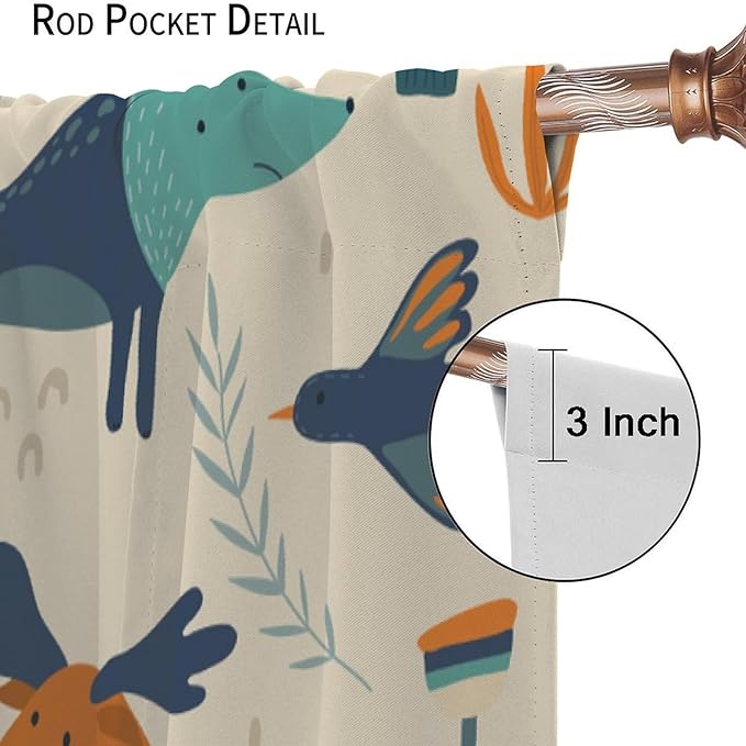 Kids Forest Animal Curtains, Rustic Cartoon Cute Wild Animal Window Treatments Woodland Safari Animal Fox Deer Bear Window Drapes for Girls Boys Nursery Toddler Bedroom 55x63in