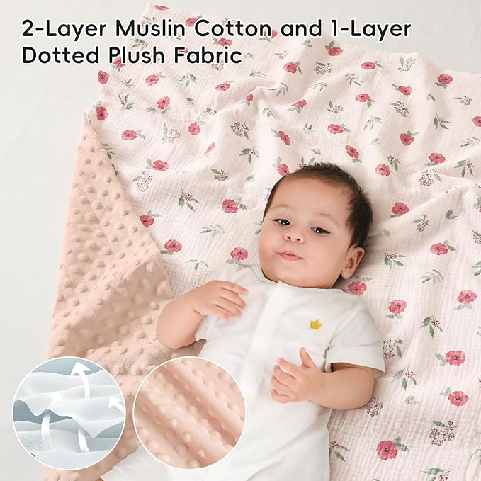 david's kids Muslin Minky Baby Blanket for Girls with Muslin Cotton Front and Dotted Fleece Backing, Breathable and Soft Lightweight Receiving Blanket for Newborns, 30x40 Inches, Pink Floral
