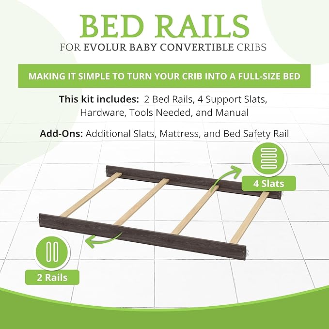 Full-Size Conversion Kit Bed Rails for Evolur Cribs - Solid Wood Crib Convertible Kit to Kids Bed - Transitional Style Rails & Easy-to-Install Child Essentials for Safety (Smokey Brushed Grey)