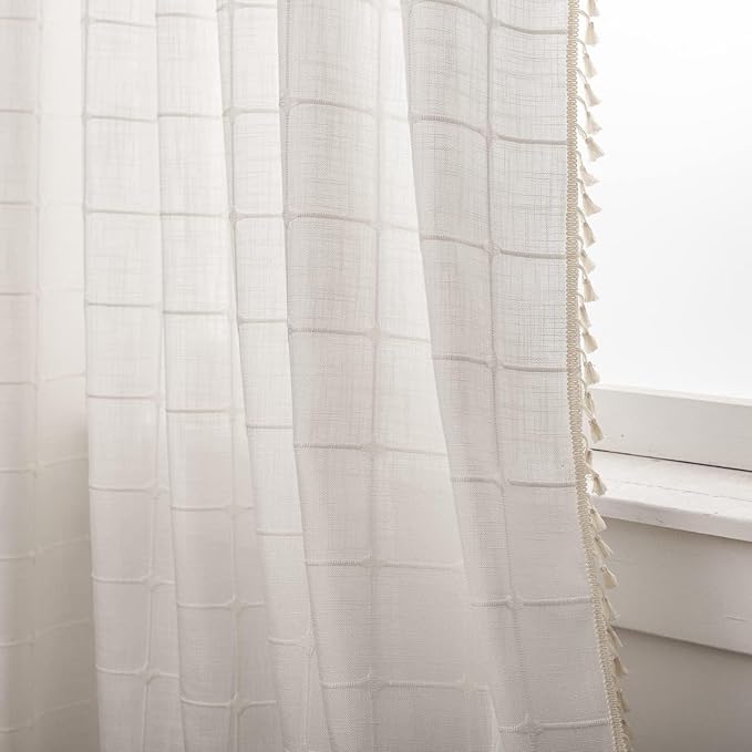 Deeprove Boho Plaid Curtains 63 inch for Home Office Kitchen Nursery, Semi Blackout Casual Farmhouse Tassels Window Treatment Bohemian Embroidery Drape Rod Pocket 1 Panel 52 W x 63 L, Cream White