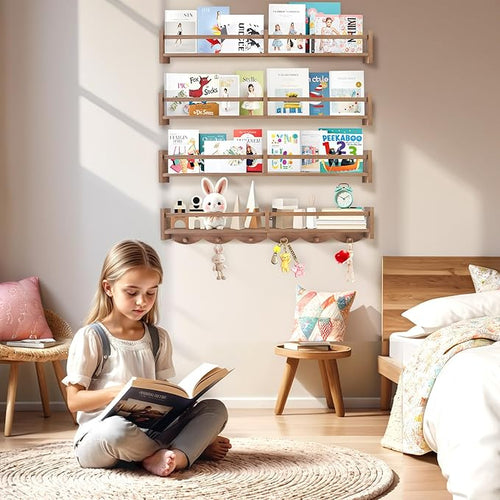 34Inch Nursery Book Shelves Wall Mounted, Floating Book Shelf for Kids Coat Rack with 6 Hooks, Wall Hanging Shelf for Baby Nursery Room Organizer ，Patent Number:US-D1058229-S(4, Light Brown)