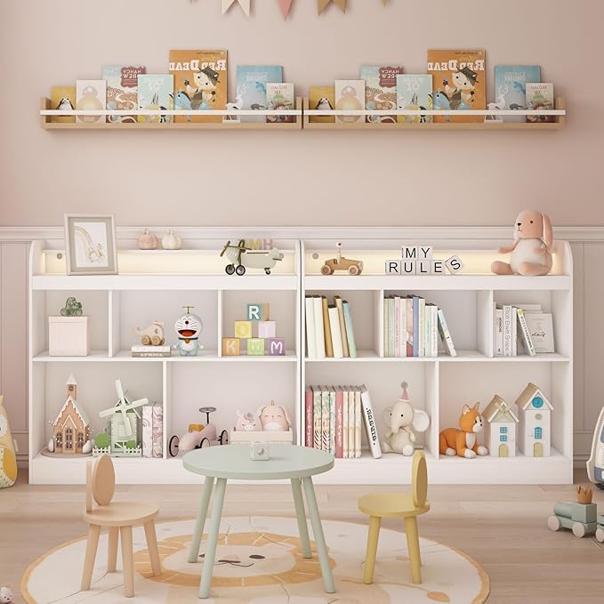 Lkeiyay Open Shelf Kids Bookcase，Montessori Toy Organizer with LED Lights - White Wooden Open Bookcase for Kids, Bedroom, Back to School，Playrooms & Nurseries