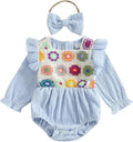 Gaono Newborn Baby Girl Smocked Bubble Romper Cute Boho Summer Clothes Ruffle Sleeveless Crochet Flower Vintage Bodysuit