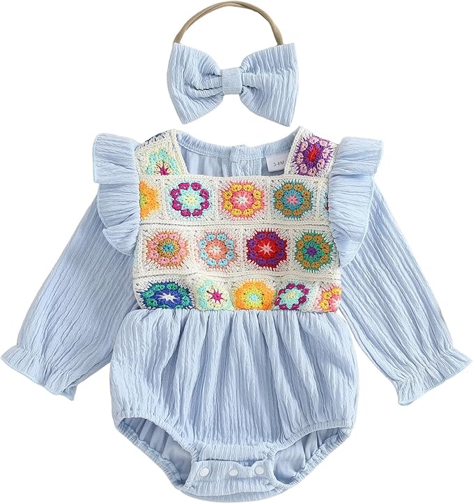 Gaono Newborn Baby Girl Smocked Bubble Romper Cute Boho Summer Clothes Ruffle Sleeveless Crochet Flower Vintage Bodysuit