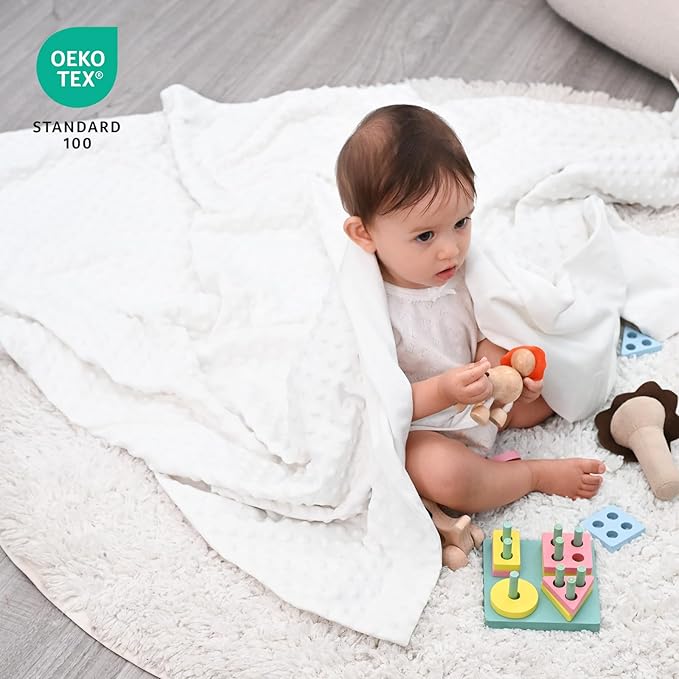 david's kids Micro Fleece Minky Baby Blanket for Boys Girls Neutral with Double Layer and Soothing Raised Dots, Breathable and Soft Lightweight Receiving Blanket for Newborns 30x40 Inches, White