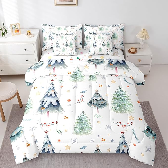 Feelyou Christmas Bed Set Xmas Tree Comforter Set with Sheets Snowflake Watercolor Blue Bed in a Bag for Kids Boys Girls Room Decor New Year Theme Bedding Set Bedroom Collection King Size