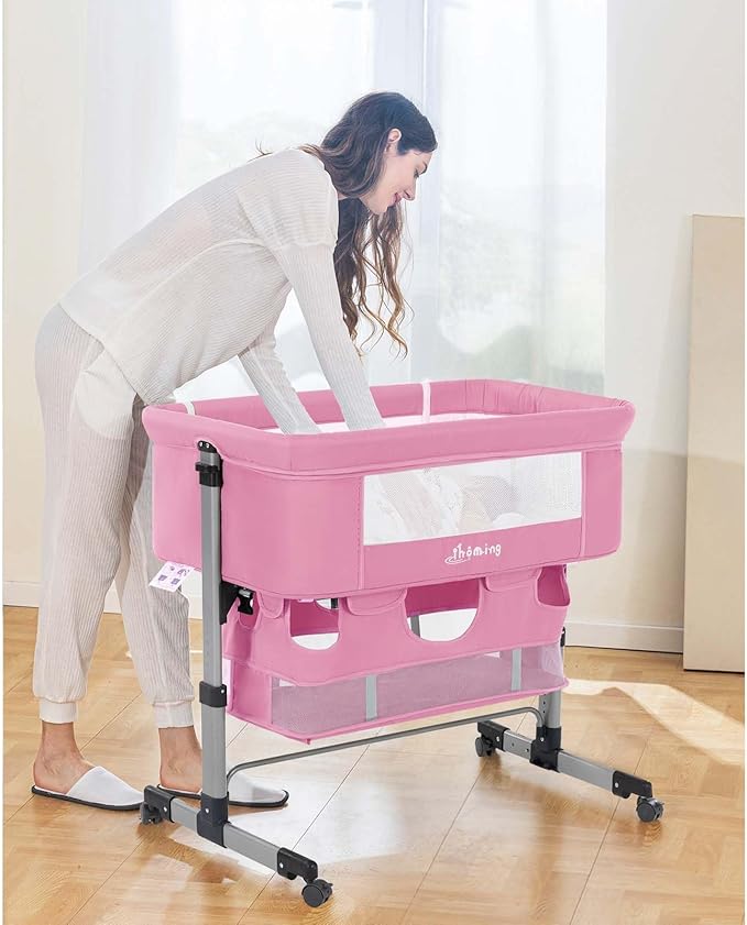 Ihoming Baby Bassinet Bedside Sleeper, Baby Bed Side Crib with Storage Basket, Easy Folding Bassinets, Adjustable Baby Bed for Infant Newborn, Pure Pink
