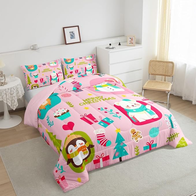 Erosebridal Christmas Cartoon Bedding Set for Kids Cute Snowman Bear Comforter Set Full Size Xmas Tree Deer Elk Reversible Quilts Kawaii Penguin Animal Duvet Insert Room Decor
