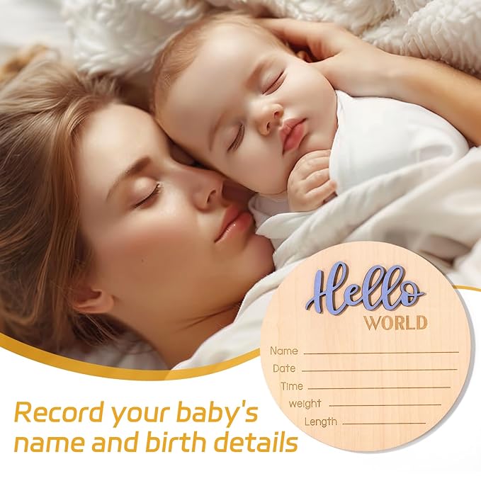 Newborn Announcement Sign, 5.9 Inch/15cm Wooden Hello World Plaques Baby Welcome Sign Birth Newborn Name Plaques for Boys and Girls Photo Props Baby Shower Hospital Nursery (Blue)