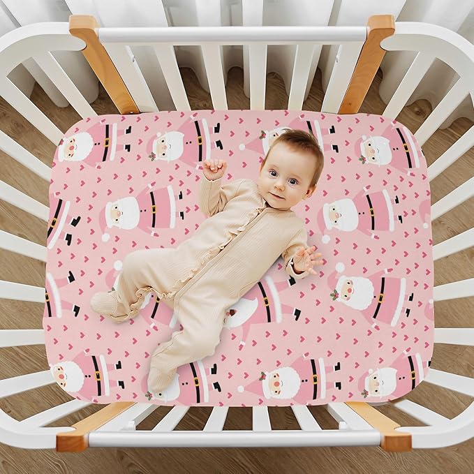 Christmas Pink Santa Crib Sheets Soft Breathable Fitted Baby Crib Sheets Mattress Cover for Girl Boys, 52" x 28" x 9"