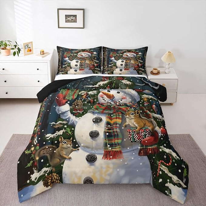Feelyou Christmas Kids Comforter Set King Size Snowman Squirrel Bedding Set Snowflake Gift Duvet Quilt for Kids Boys Girls Bedroom Branch Berry Decor Microfiber Ultra Soft Breathable