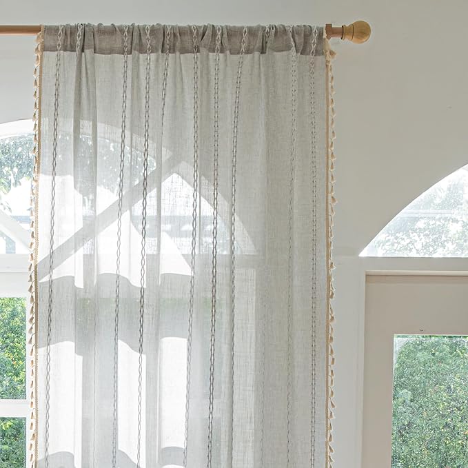 Deeprove Sheer Boho Curtains 63 inches Length for Cafe Closet Kitchen, Vintage Bohemian Embroidery Farmhouse Light Filter Privacy Country Tassel Window Treatments, W52 x L63,Silver Grey, 1 Panel