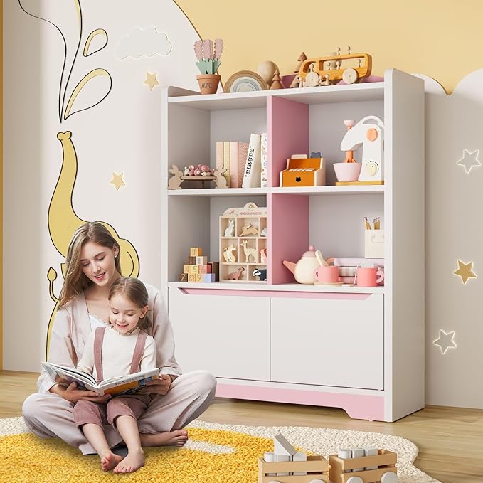 Kids Bookshelf and Toy Organizer, 2 Tier Kids Book Shelf for Kid Rooms with 2 Doors, 4 Cubes Storage Organizer,Wood Children Bookcase,Freestanding Toddler Book Display Shelf for Playroom
