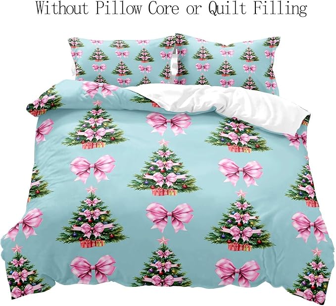 LUVIVIHOME 3PCS Pink Bow Christmas Tree Duvet Cover Full Bedding Set, Teen Girl Bedding, Blue Duvet Cover, Winter Holiday Kids Christmas Comforter Cover, Coquette Room Decor Aesthetic, 2 Pillow Cases