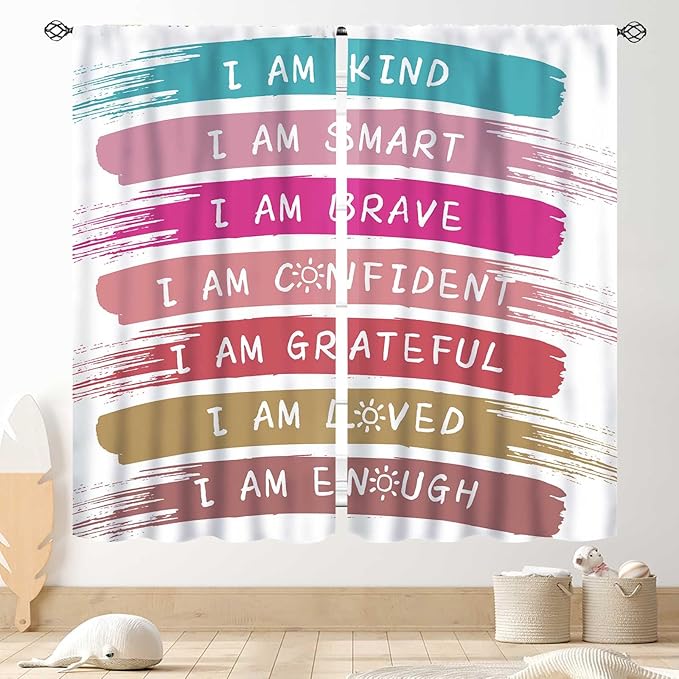 Rainbow Curtains for Classroom, Kids Girls Baby Boho Cute Inspirational Motivational Quotes Cartoon Colorful Pastel Nursery Classroom Bedroom Living Room Bathroom Window Drapes 2 Panels, 52"x84" Inch