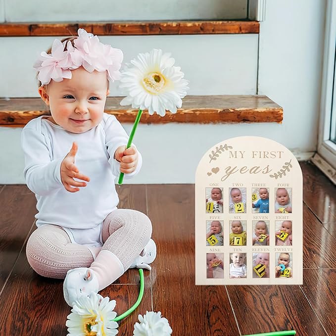 Toyvian Newborn First Year Picture Frame Wood Milestone Board Photo Display Keepsake for Nursery Desk Decoration Months Milestone Photo Frame for Parents