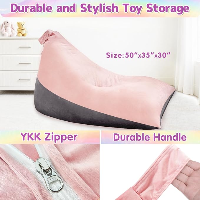 Stuffed Animal Storage Bean Bag Chair for Kids and Adults, Luxury Velvet Stuffed Animal Storage, Stuffie Seat - COVER ONLY(Pink & Dark Grey 200 L/52 Gal)